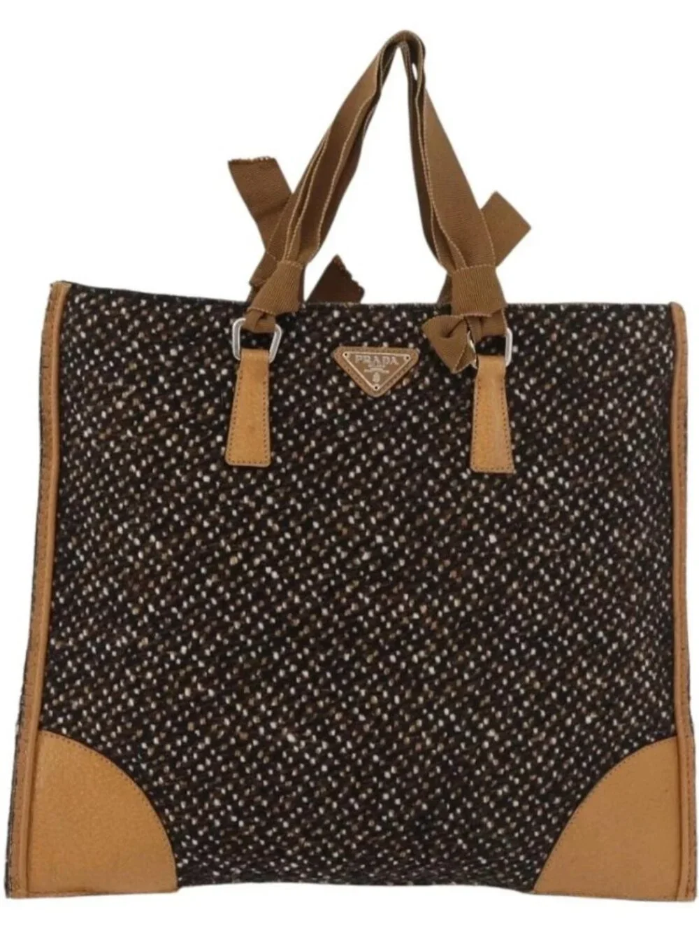 PRADA Hand Bag Canvas Brown Silver Auth 175566A